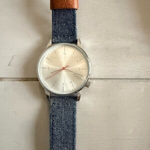 Komono Silver and Blue Watch with Brown Strap